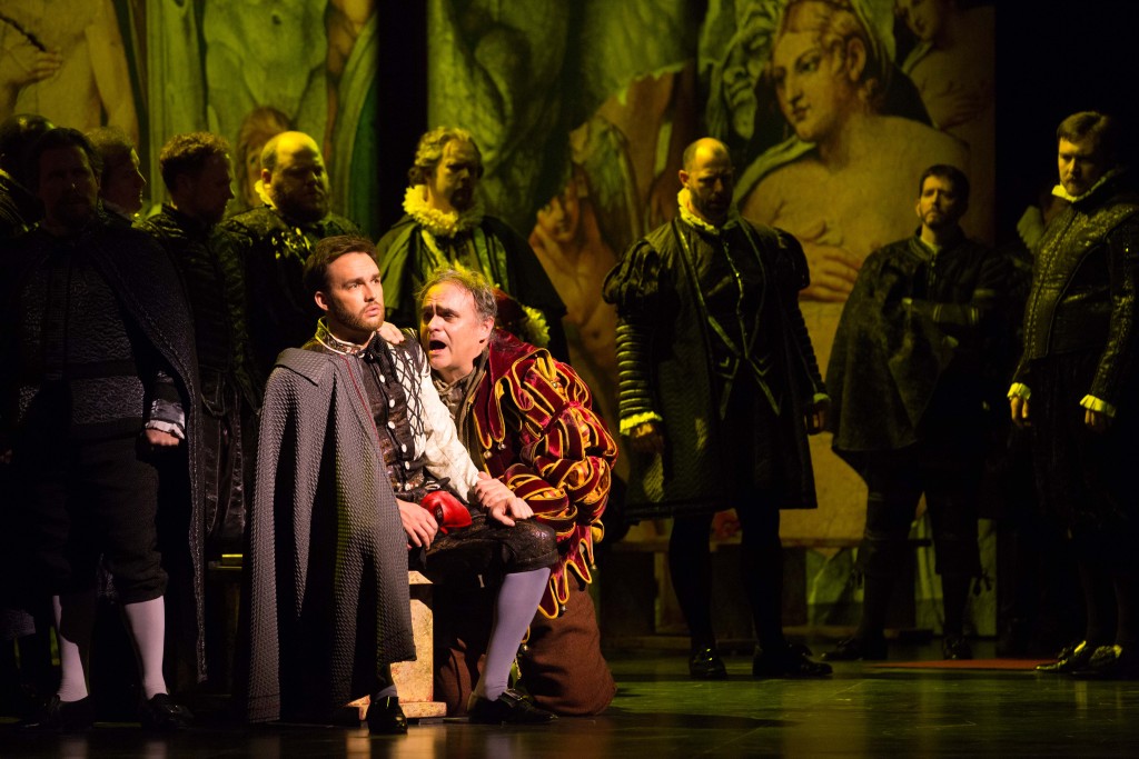 Adam Cannedy as Marullo and Todd Thomas as Rigoletto. Photo by Jeff Roffman