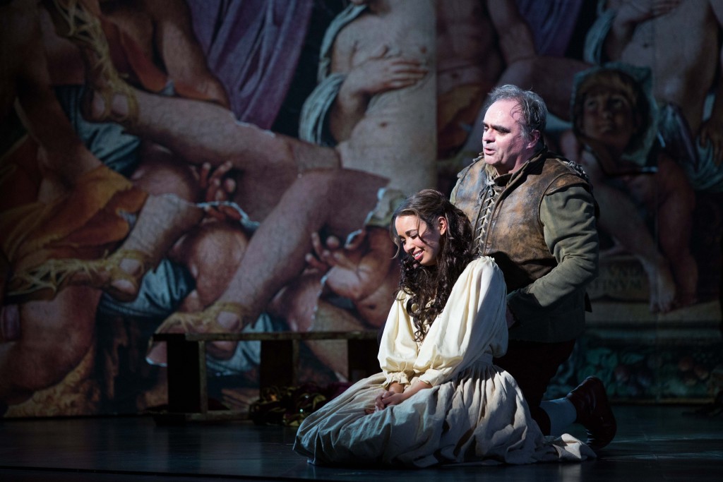 Nadine Sierra as Gilda and Todd Thomas as Rigoletto. Photo by Jeff Roffman