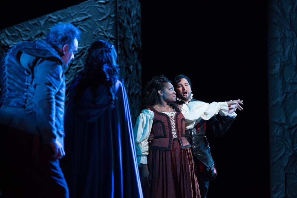 Todd Thomas as Rigoletto, Nadine Sierra as Gilda, Krysty Swann as Maddalena and Scott Quinn as the Duke of Mantua. Photo by Jeff Roffman